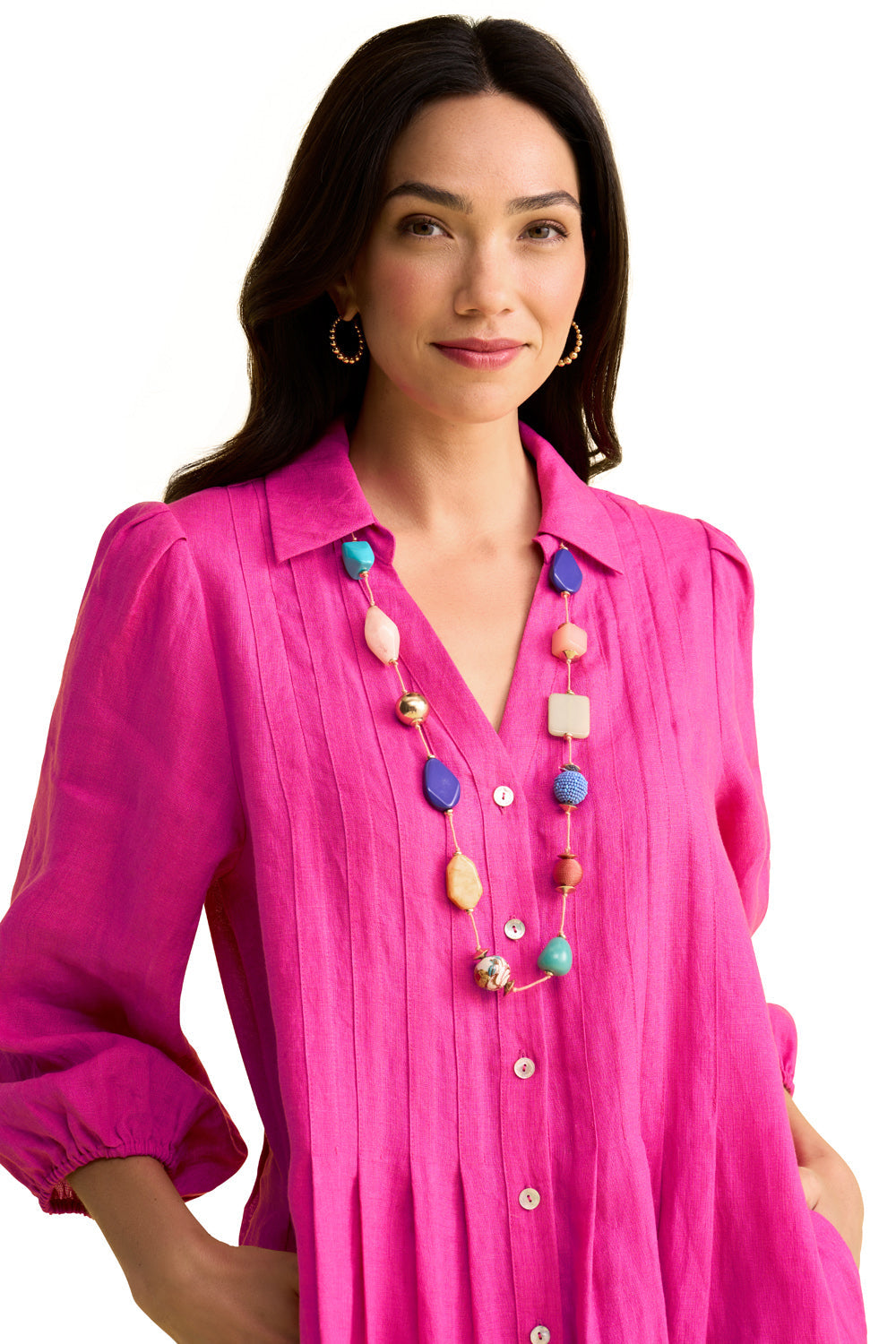 French Linen Puff Sleeve Dress - Bright Rose